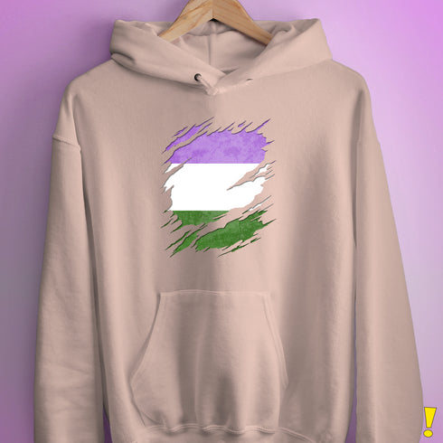 Genderqueer Pride Flag Ripped Reveal Hoodie - Light Pink